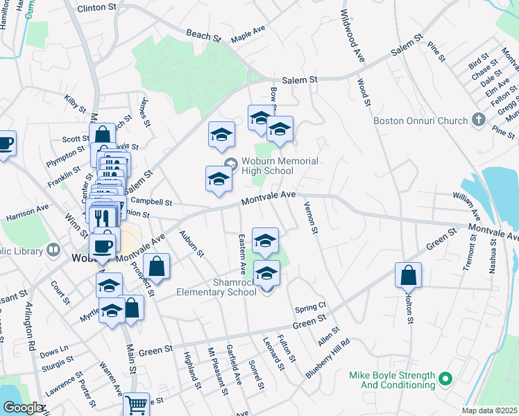 map of restaurants, bars, coffee shops, grocery stores, and more near 11 Ferguson Place in Woburn