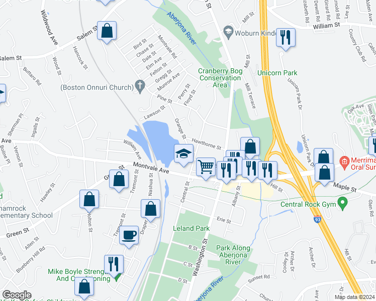map of restaurants, bars, coffee shops, grocery stores, and more near 35 Orange Street in Woburn