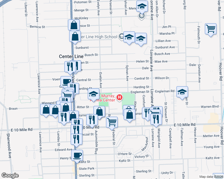 map of restaurants, bars, coffee shops, grocery stores, and more near 8384 Harding Street in Center Line