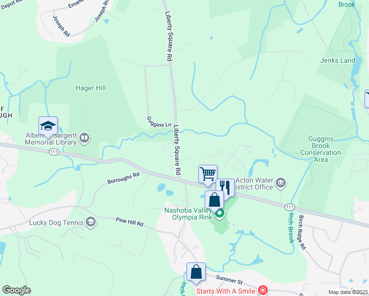 map of restaurants, bars, coffee shops, grocery stores, and more near 73 Liberty Square Road in Boxborough