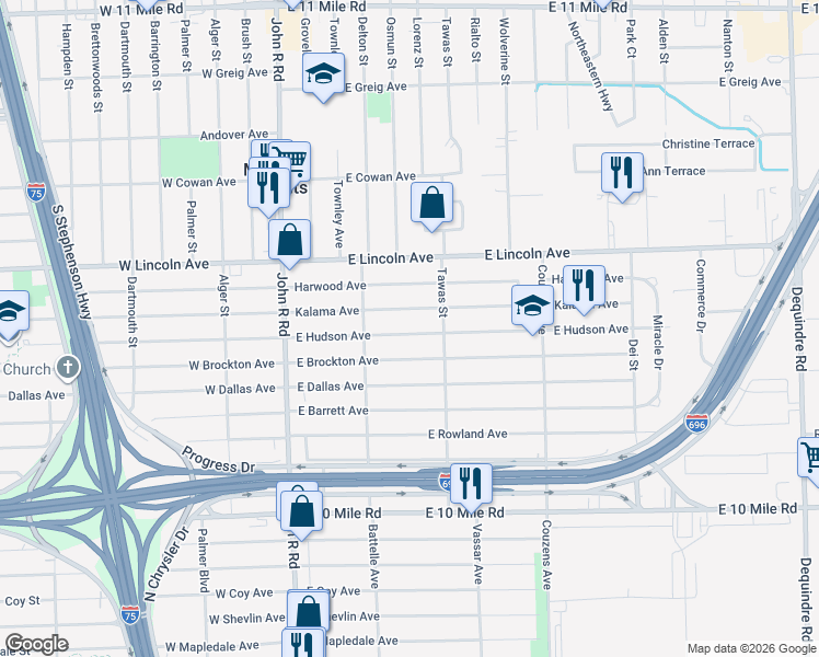 map of restaurants, bars, coffee shops, grocery stores, and more near 593 East Hudson Avenue in Madison Heights
