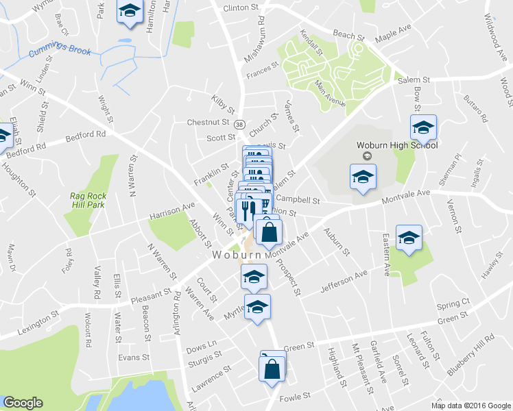 map of restaurants, bars, coffee shops, grocery stores, and more near 460 Main Street in Woburn