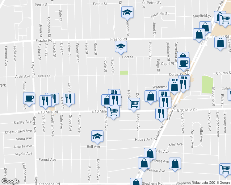 map of restaurants, bars, coffee shops, grocery stores, and more near 25190 Buick St in Roseville
