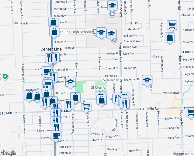 map of restaurants, bars, coffee shops, grocery stores, and more near 8448 Harding in Center Line