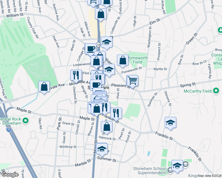 map of restaurants, bars, coffee shops, grocery stores, and more near 55 Central Street in Stoneham