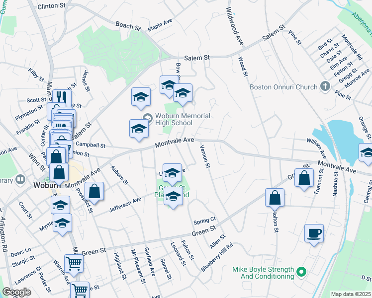map of restaurants, bars, coffee shops, grocery stores, and more near 4 Boline Place in Woburn
