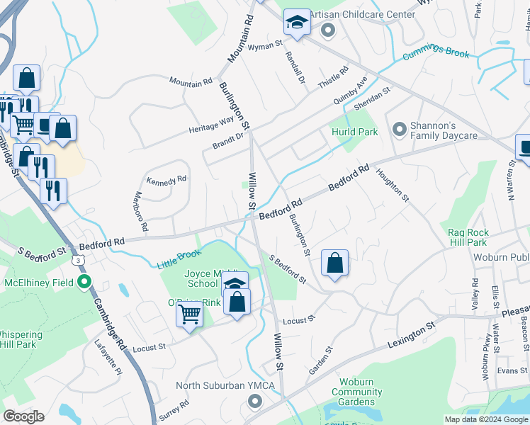map of restaurants, bars, coffee shops, grocery stores, and more near 141 Bedford Road in Woburn