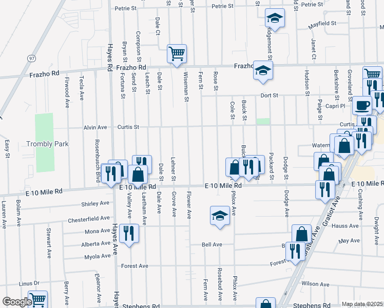 map of restaurants, bars, coffee shops, grocery stores, and more near 25284 Wiseman Street in Roseville