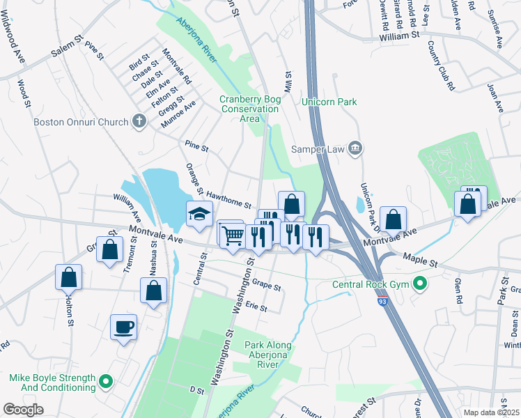map of restaurants, bars, coffee shops, grocery stores, and more near 111 Washington Street in Woburn