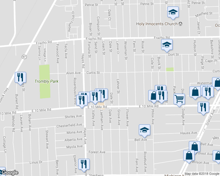 map of restaurants, bars, coffee shops, grocery stores, and more near 25191 Dale Street in Roseville