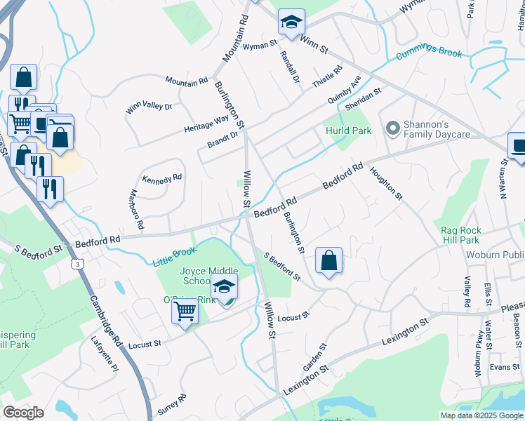 map of restaurants, bars, coffee shops, grocery stores, and more near 137 Bedford Road in Woburn