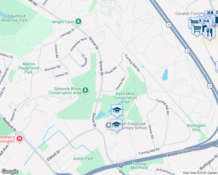 map of restaurants, bars, coffee shops, grocery stores, and more near 27 Dewey Road in Lexington