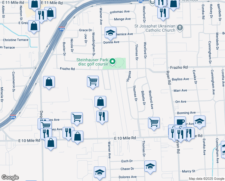 map of restaurants, bars, coffee shops, grocery stores, and more near 25660 Timberline Drive in Warren