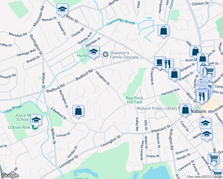 map of restaurants, bars, coffee shops, grocery stores, and more near 39 Houghton Street in Woburn