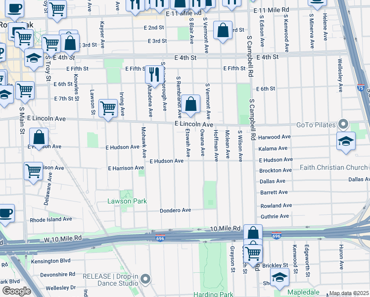 map of restaurants, bars, coffee shops, grocery stores, and more near 1002 Etowah Avenue in Royal Oak
