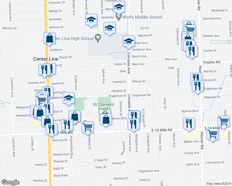 map of restaurants, bars, coffee shops, grocery stores, and more near 8576 Harding in Center Line