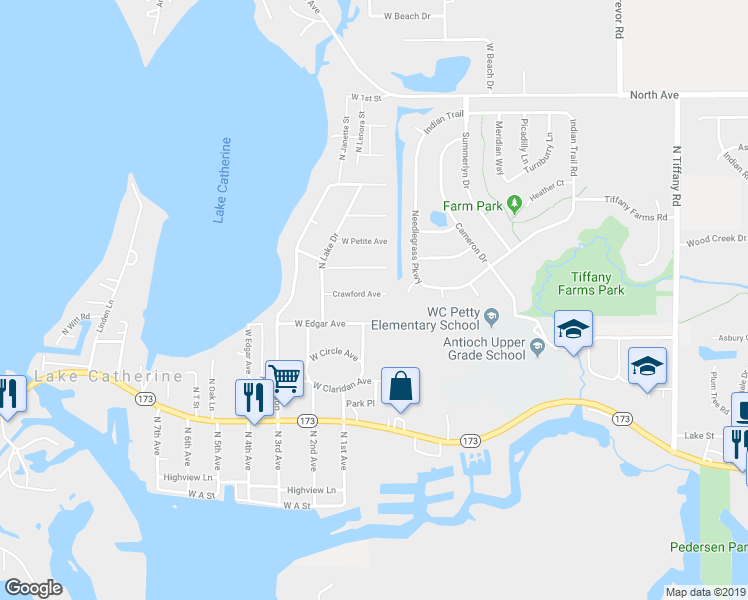 map of restaurants, bars, coffee shops, grocery stores, and more near 25039 Crawford Avenue in Antioch