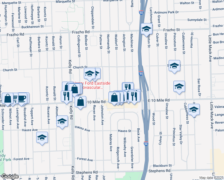 map of restaurants, bars, coffee shops, grocery stores, and more near 25134 Normandy Street in Roseville