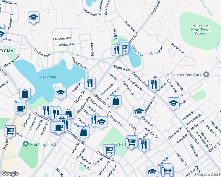 map of restaurants, bars, coffee shops, grocery stores, and more near 45 Saratoga Street in Lynn