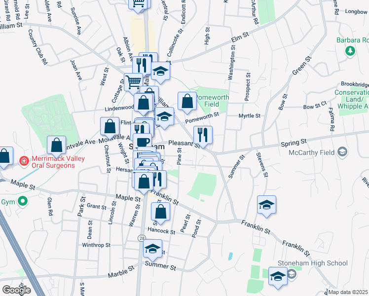 map of restaurants, bars, coffee shops, grocery stores, and more near 4 Pine Street in Stoneham