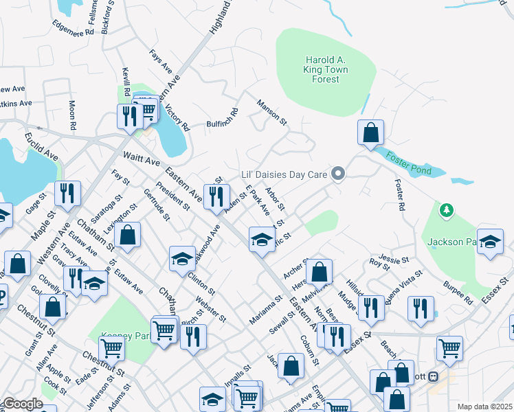 map of restaurants, bars, coffee shops, grocery stores, and more near 32 East Park Avenue in Lynn