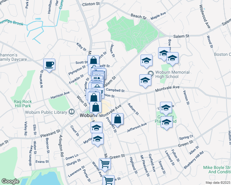 map of restaurants, bars, coffee shops, grocery stores, and more near 53 Campbell Street in Woburn