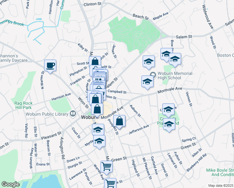 map of restaurants, bars, coffee shops, grocery stores, and more near 53 Campbell Street in Woburn