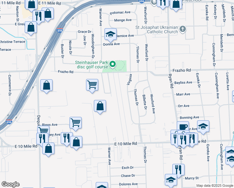 map of restaurants, bars, coffee shops, grocery stores, and more near 25660 Timberline Drive in Warren