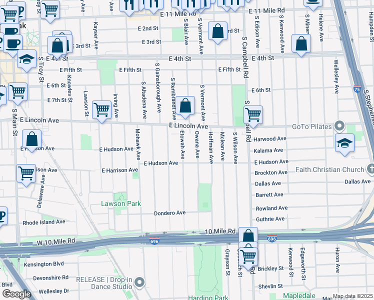 map of restaurants, bars, coffee shops, grocery stores, and more near 1002 Etowah Avenue in Royal Oak