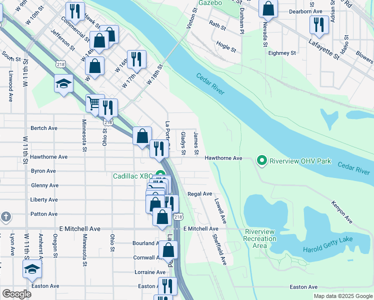 map of restaurants, bars, coffee shops, grocery stores, and more near 447 La Porte Road in Waterloo