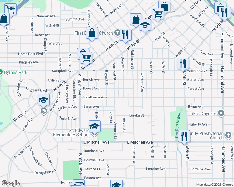 map of restaurants, bars, coffee shops, grocery stores, and more near 919 Vermont Street in Waterloo