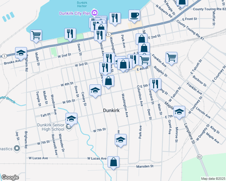 map of restaurants, bars, coffee shops, grocery stores, and more near 436 Central Avenue in Dunkirk