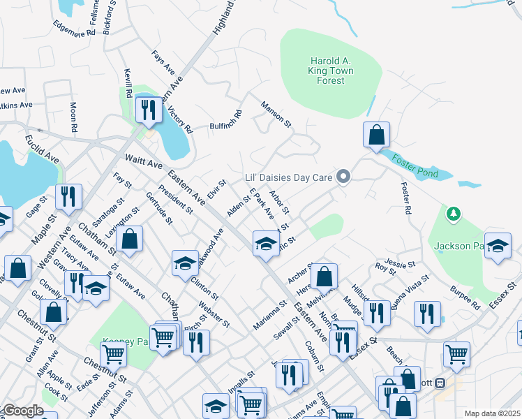 map of restaurants, bars, coffee shops, grocery stores, and more near 32 East Park Avenue in Lynn