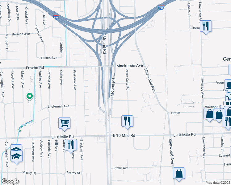 map of restaurants, bars, coffee shops, grocery stores, and more near 25560 Mound Road in Warren