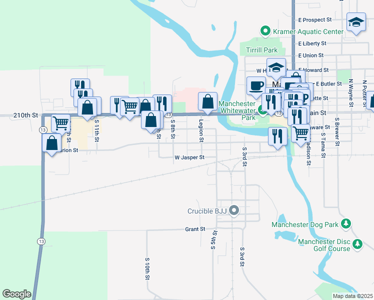 map of restaurants, bars, coffee shops, grocery stores, and more near 348 South 7th Street in Manchester