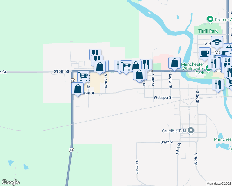 map of restaurants, bars, coffee shops, grocery stores, and more near 1100 West Marion Street in Manchester