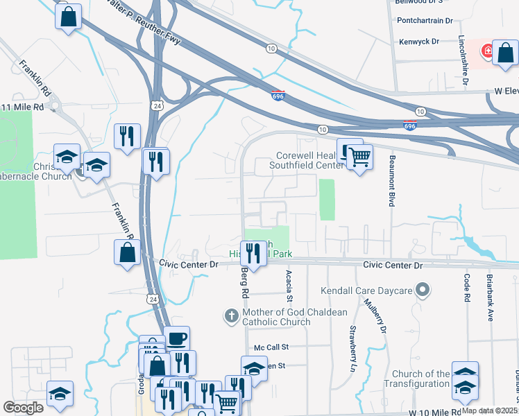 map of restaurants, bars, coffee shops, grocery stores, and more near 23822 Village-House Drive North in Southfield