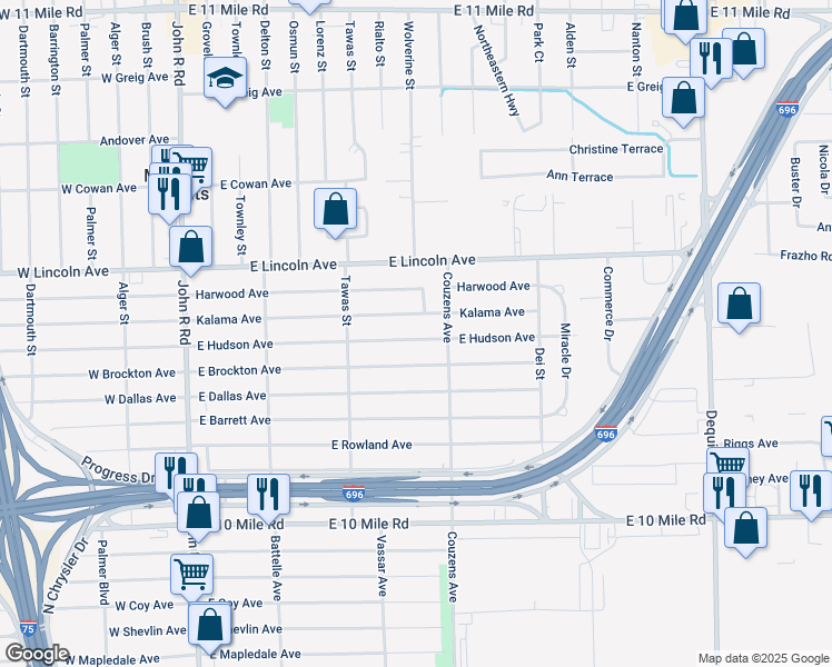 map of restaurants, bars, coffee shops, grocery stores, and more near 937 East Hudson Avenue in Madison Heights