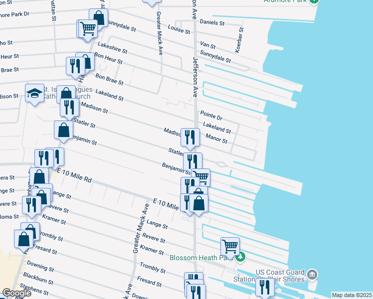 map of restaurants, bars, coffee shops, grocery stores, and more near 22325 Statler Street in Saint Clair Shores