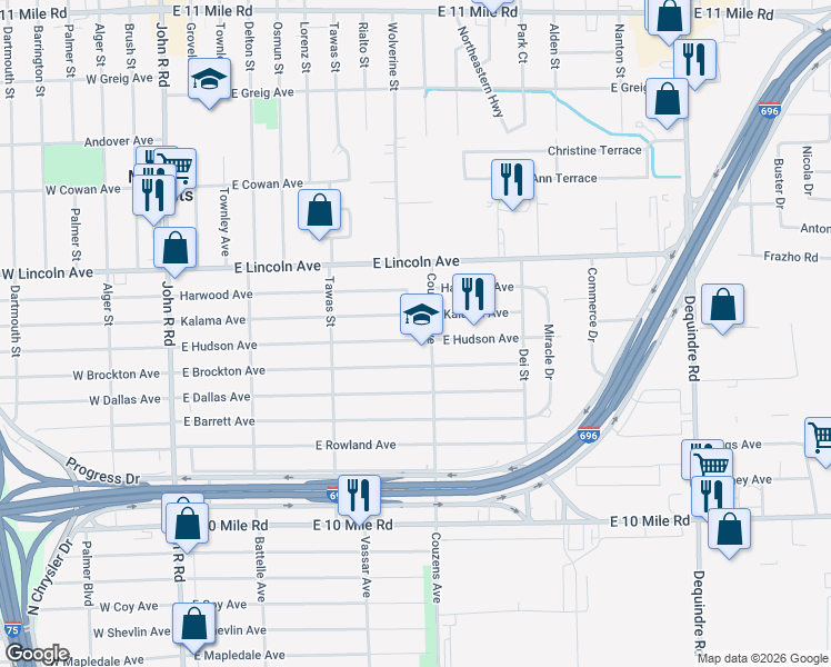 map of restaurants, bars, coffee shops, grocery stores, and more near 969 East Hudson Avenue in Madison Heights