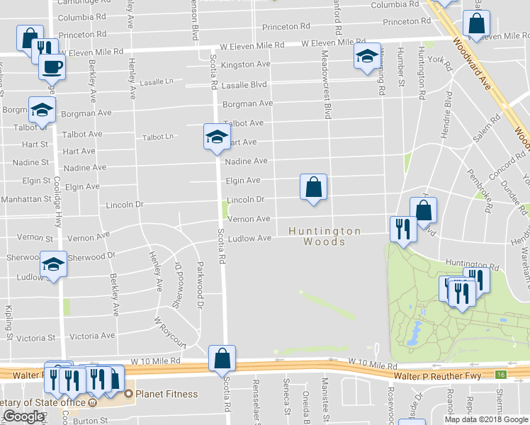 map of restaurants, bars, coffee shops, grocery stores, and more near 10734 Vernon Ave in Huntington Woods
