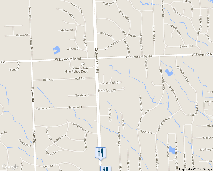 map of restaurants, bars, coffee shops, grocery stores, and more near 31037 Cedar Creek Drive in Farmington Hills