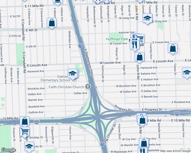 map of restaurants, bars, coffee shops, grocery stores, and more near 659 West Kalama Avenue in Madison Heights