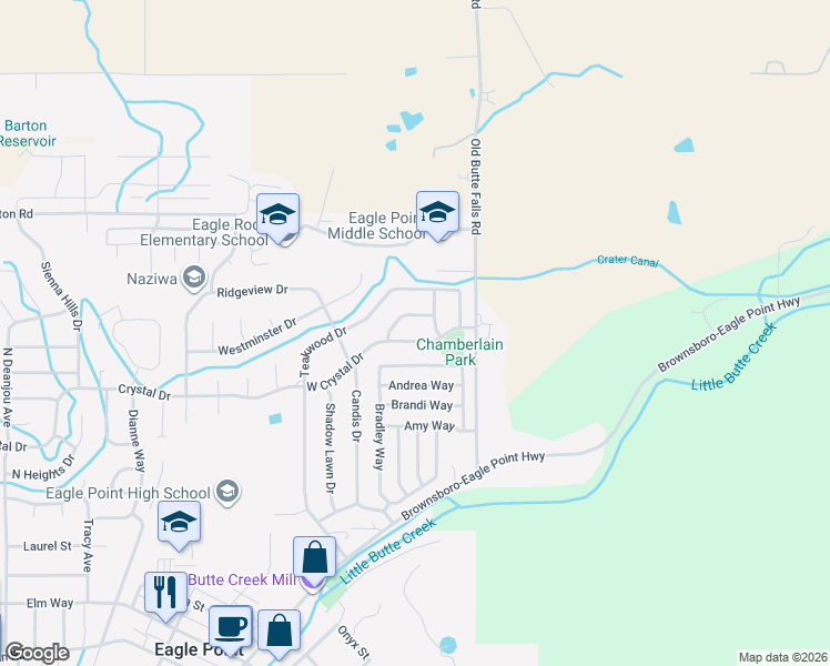 map of restaurants, bars, coffee shops, grocery stores, and more near 430 Crystal Drive in Eagle Point