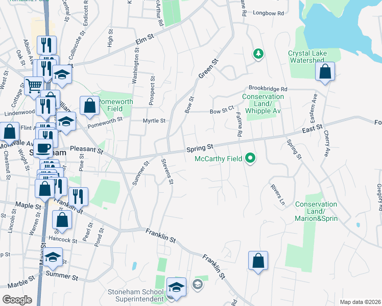 map of restaurants, bars, coffee shops, grocery stores, and more near 53 Spring Street in Stoneham