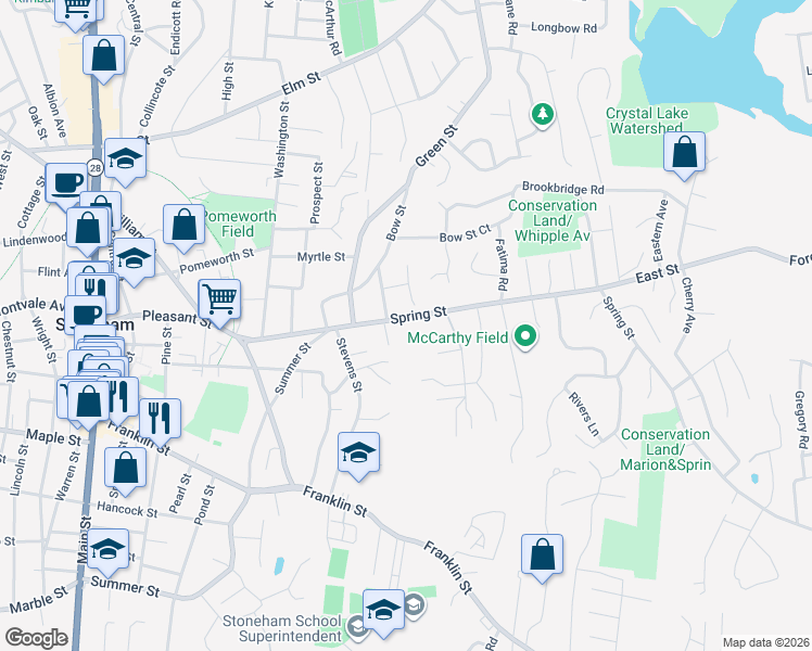 map of restaurants, bars, coffee shops, grocery stores, and more near 53 Spring Street in Stoneham