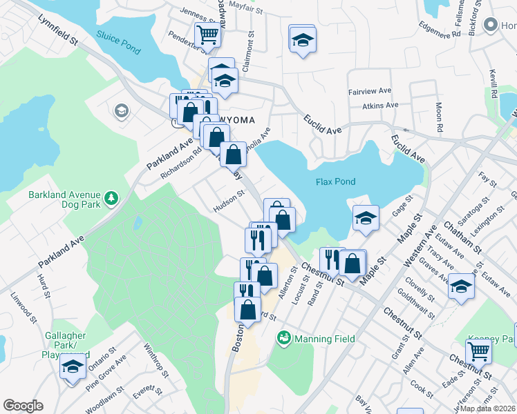 map of restaurants, bars, coffee shops, grocery stores, and more near 448 Broadway in Lynn