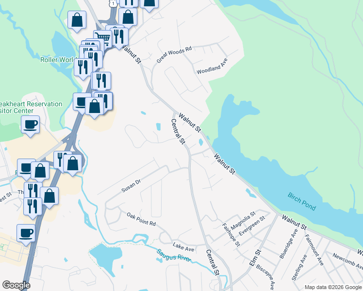 map of restaurants, bars, coffee shops, grocery stores, and more near 40 Central Street in Saugus