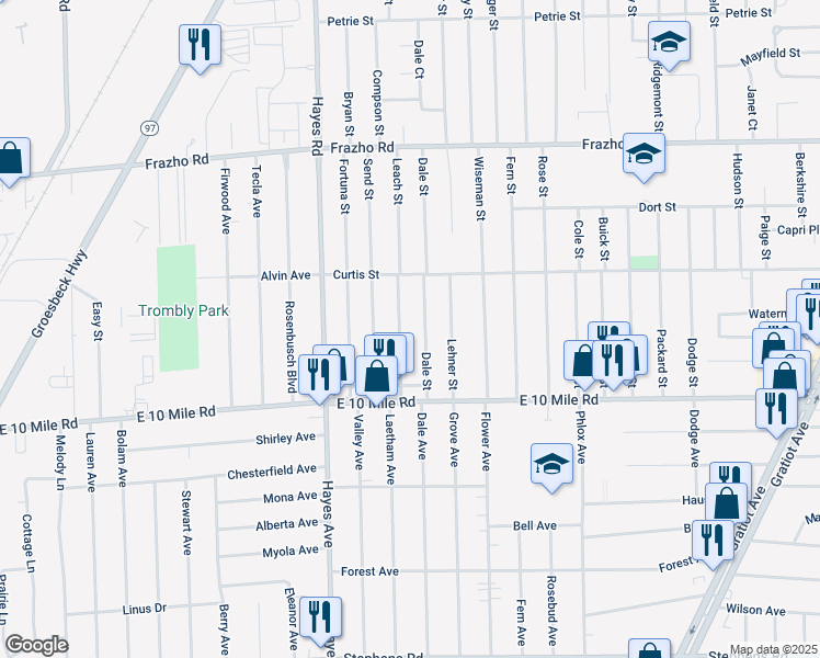 map of restaurants, bars, coffee shops, grocery stores, and more near 25191 Dale Street in Roseville