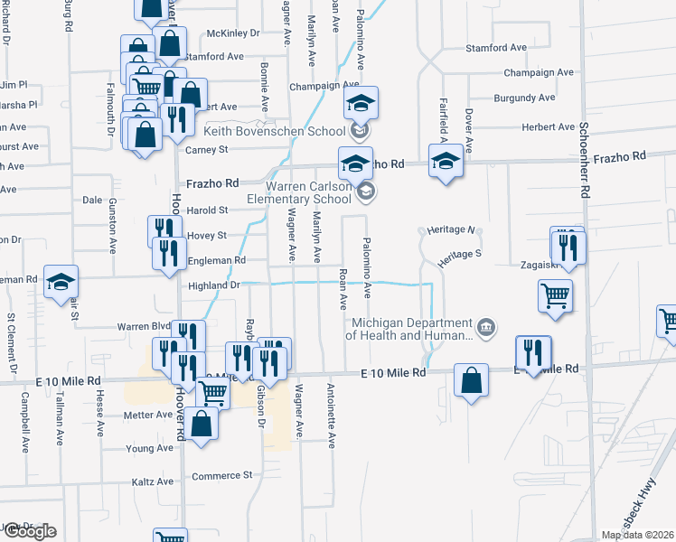 map of restaurants, bars, coffee shops, grocery stores, and more near 25350 Roan Drive in Warren